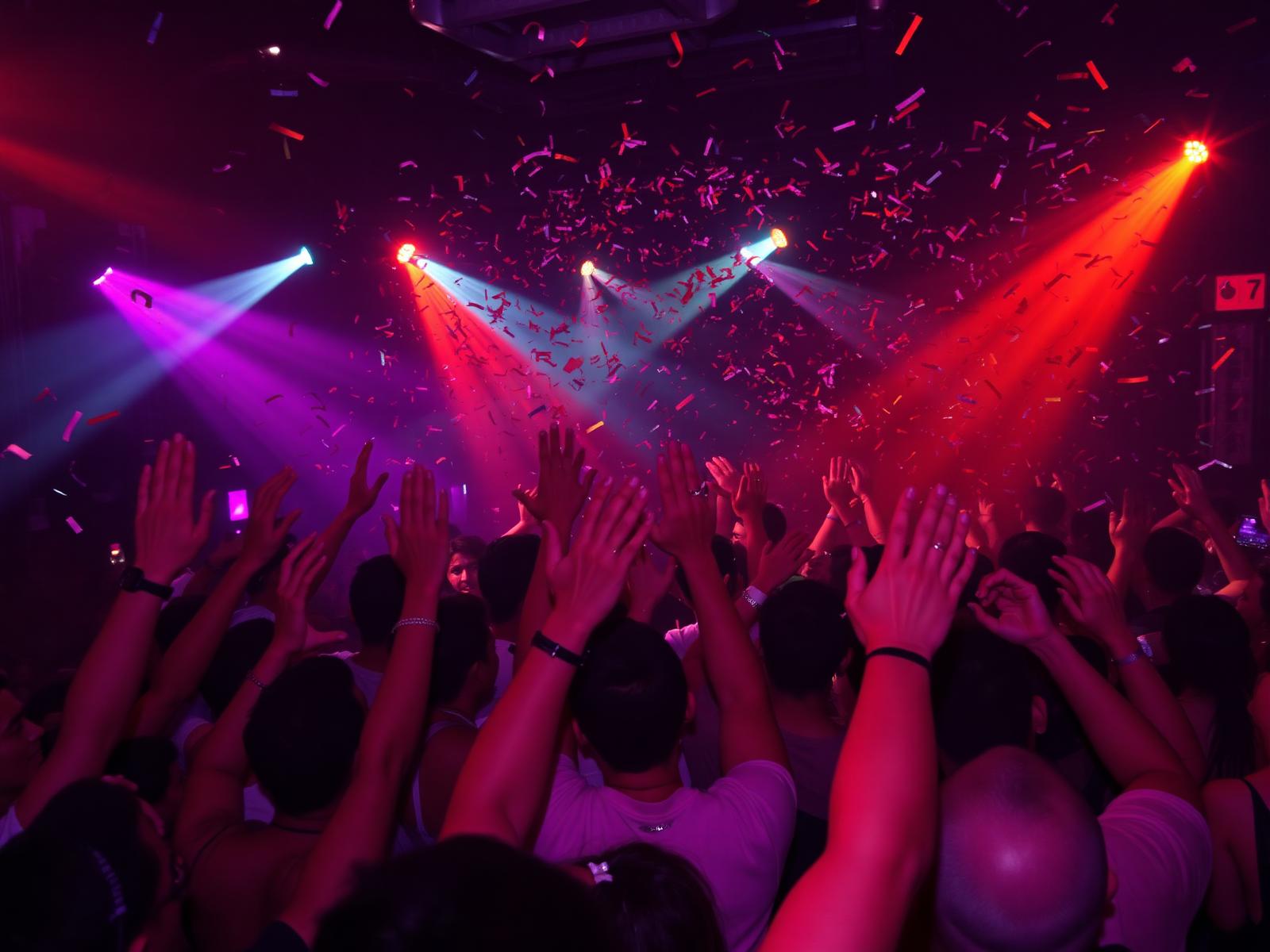 Crowd with hands up at Los Caporales under confetti and stage lights