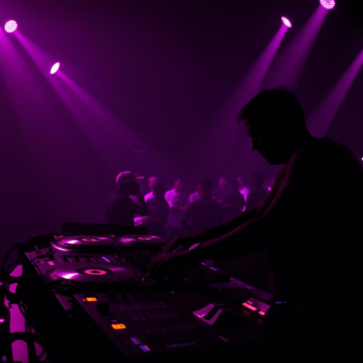 DJ mixing under magenta stage lights at Los Caporales